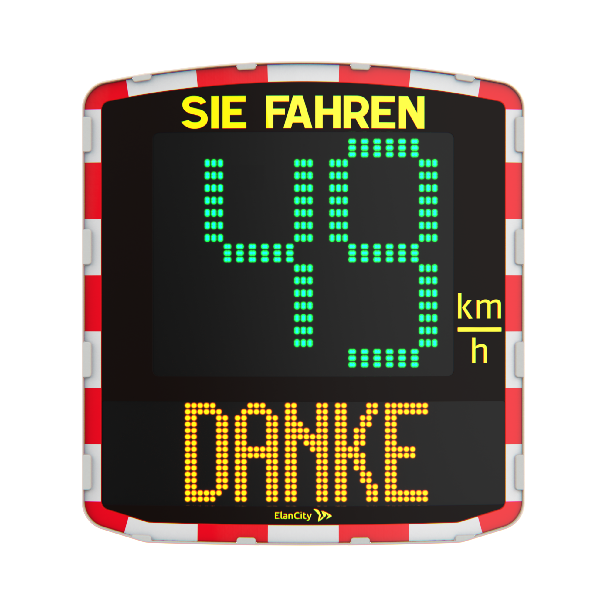Visuelles EVOLIS-Radar, das eine Geschwindigkeit von 49 km/h und einen Warntext "Danke" anzeigt