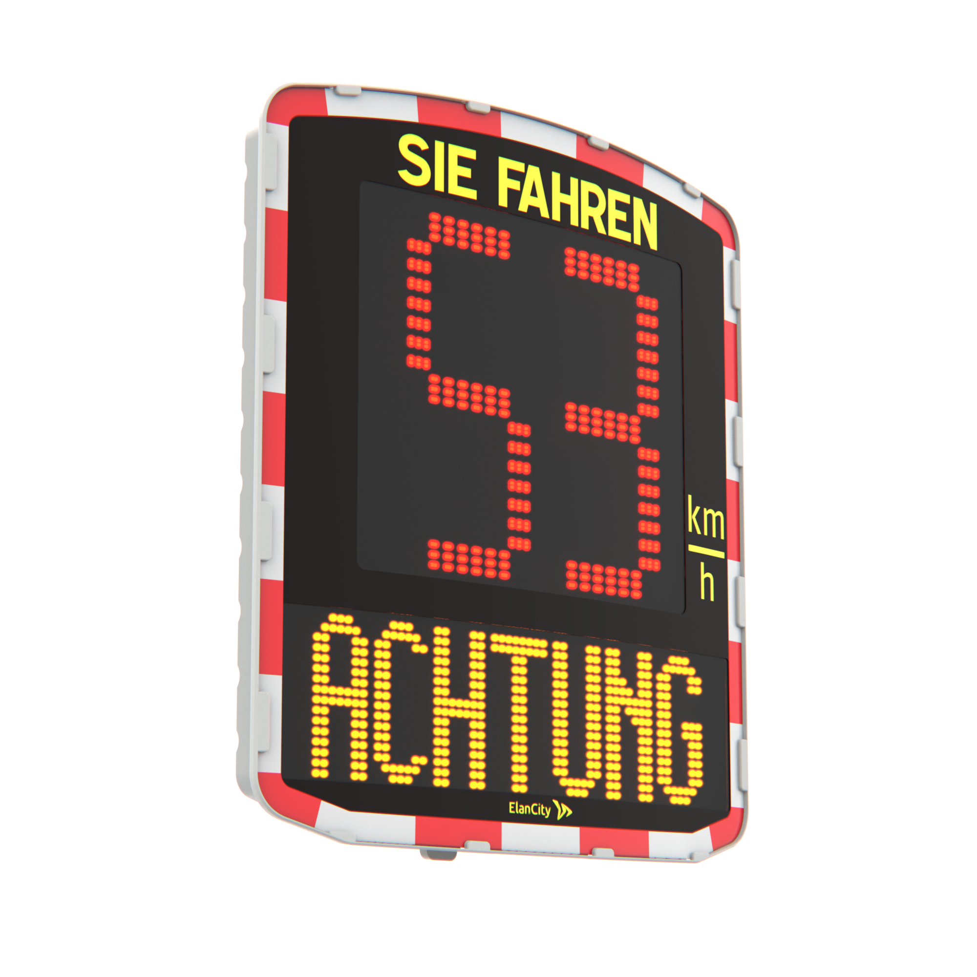 EVOLIS Geschwindigkeitsanzeigetafel die eine überhöhte Geschwindigkeit von 53 km/h anzeigt, begleitet von einem 